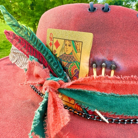 Hand Burned Hat, Whipstitched Kente Cloth Fabric Attached, African Suede Hat main image 5